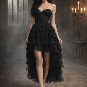 Black Gothic Tulle High-Low Skirt | Layered Ruffle